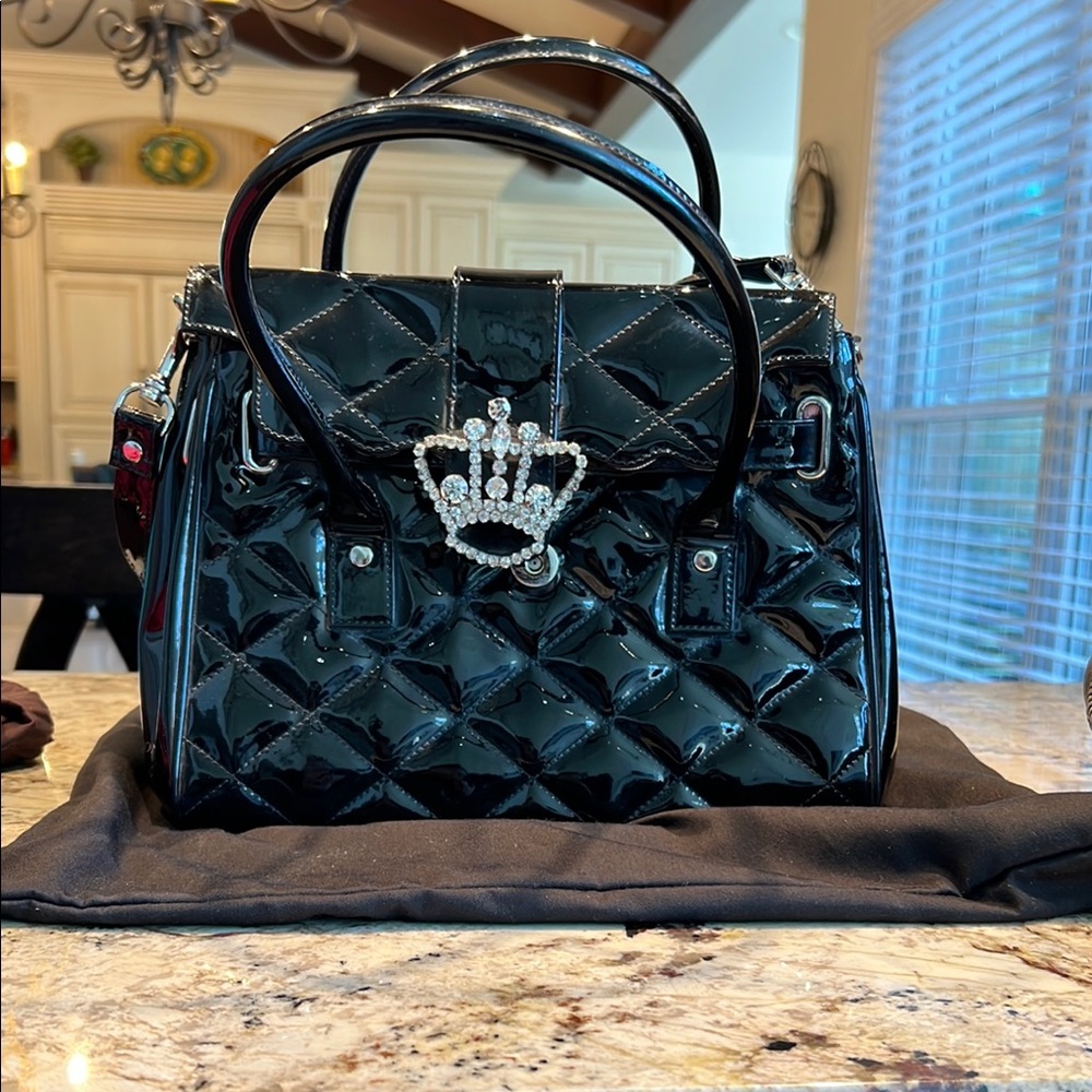 Black Quilted Handbag with Crown Accent